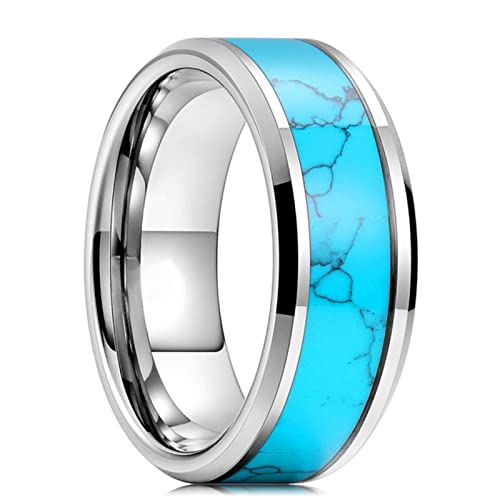 Mode Hommes Argent Couleur Tungstène Bague de Mariage Bleu Pierre Turquoise Incrustée Anneau Plat Poli pour Hommes Bijoux Bande de Mariage
