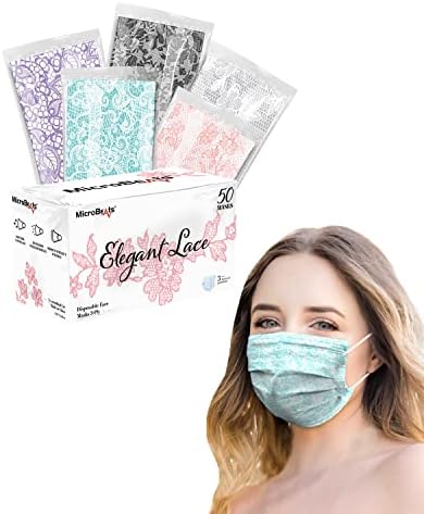MicroBeats Disposable Face Mask Individually Wrapped, 3 Layers Protection Decorative Masks with Fashion Lace Design Breathable Masks for Women 50 Pack