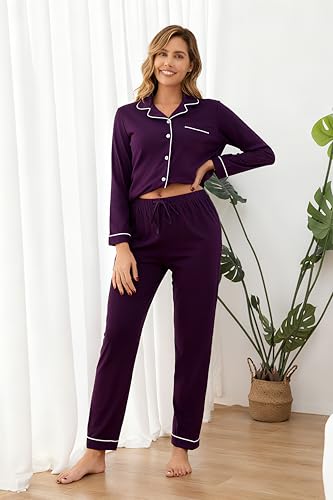 Image of 100% Cotton Pajama Sets for Women 2 Piece Long Sleeve Button Down Pjs Soft Comfy Ladies Sleepwear Lounge Sets S-XL