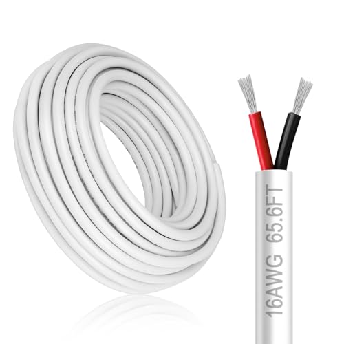 16 Gauge 2 Conductor Electrical Wire, 65.6FT White Stranded Low Voltage 16/2 PVC Case, 16 AWG Tinned Copper 2 Wire Extension Power for Strips LED Lamp Lighting