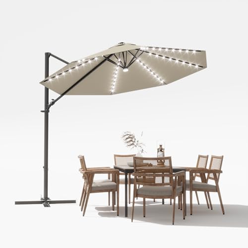 Devoko 10ft Solar LED Patio Umbrella, Round Cantilever Outdoor Umbrella with Solar Lights and 360-Degree Rotation, Large Hanging Offset Market Umbrella with Easy Tilt for Patio Deck Garden,Beige