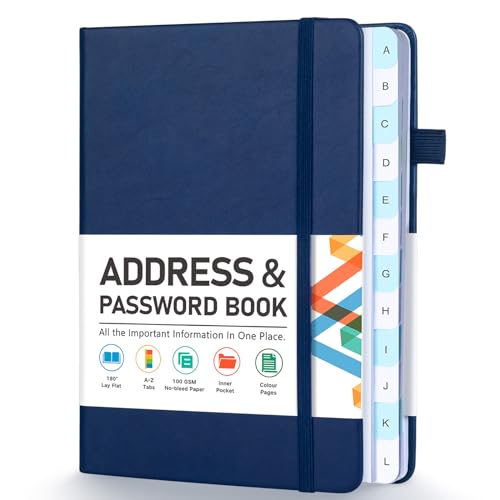 Address Book Address and Password Keeper Book with Alphabetical Tabs Hardcover Telephone Book Address Organizer Record with Pocket Colored Pages 5.3 x 7.7 Navy Blue