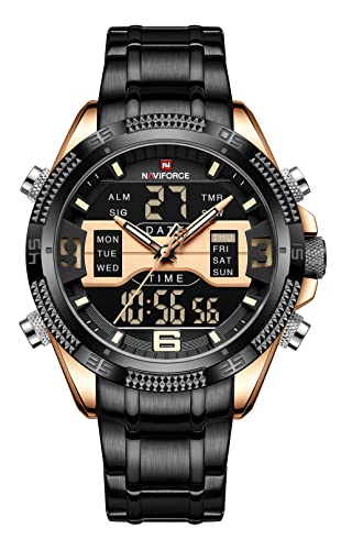 NAVIFORCE Relojes deportivos impermeables del acero inoxidable de los hombres del reloj de Digitaces Relojes militares del, Oro negro., Pulsera Cover