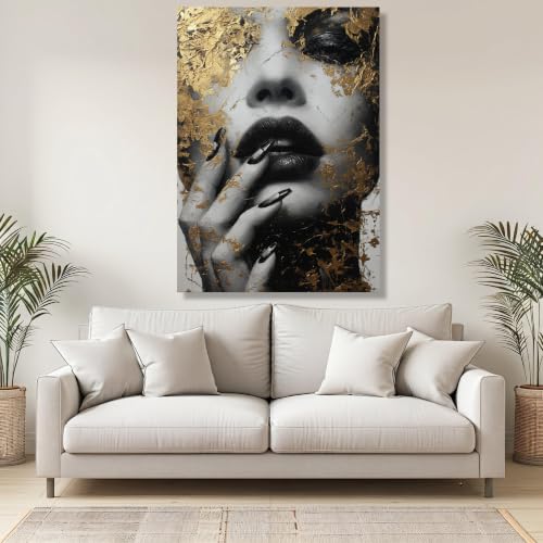 Peinture à l'huile visage femme salon moderne estampe artistique noire et or 50x70