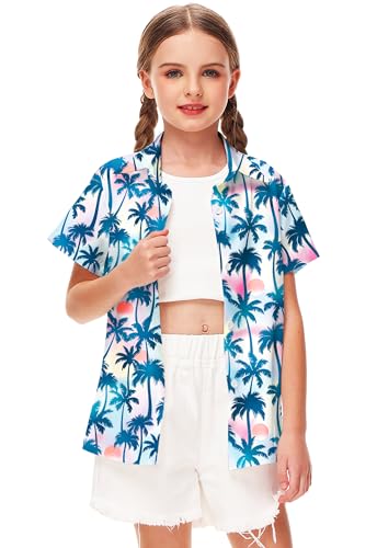 Image of Remimi Unisex Kids 4th of July Button Up Shirt Boys American Flag Print Hawaiian Beach Short Sleeve Tops 5-14 Years