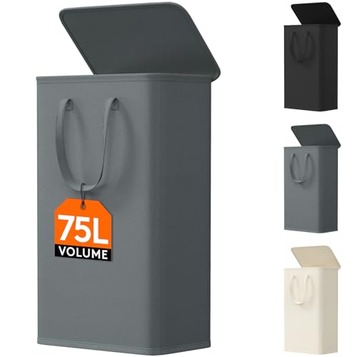 Lifewit 75L Slim Laundry Basket with Lid, Small Washing Basket, Narrow Foldable Laundry Bag with Handles, Thin Laundry Hamper Bin Storage for Bedroom Accessories, Grey