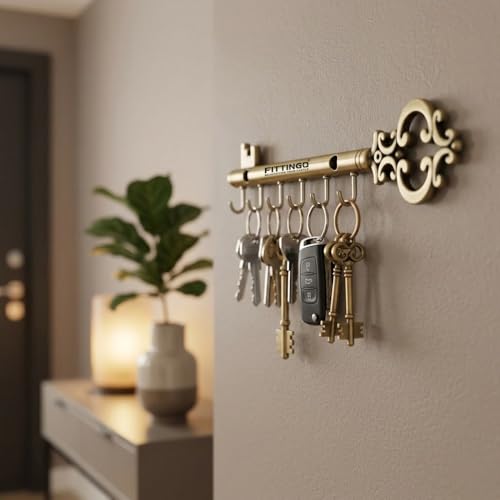 Image of Royal Chavi Key Holder for Wall, Brass Antique Chabi Shape Key Stand with 6 Hooks, Metal Wall Mount Key Hanger, Decorative Key Rack for Home Entrance Living Room, Housewarming Gift 23x5 cm
