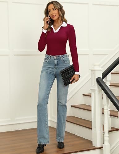 Image of Rapbin Women's V Neck Long Sleeve Ribbed Knit Pullover Sweater Slim Fitted Casual Basic Tee Tops