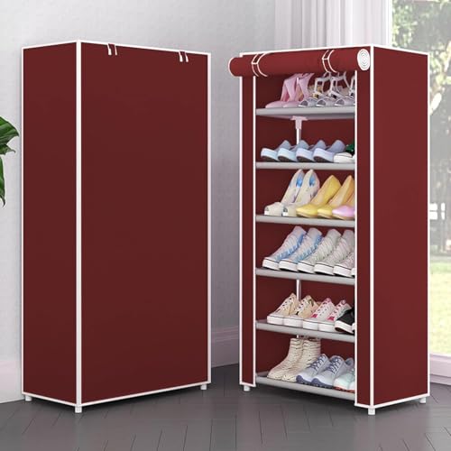 Image of YouCopia Shoe Rack for Home Non Woven Fabric - DIY Multipurpose Shoe Rack Organizer, 6-Layer Shoe Rack for Home -Shelf with Dustproof Door Entryway for Heels /Slippers /Boots (Maroon, 6-Layer)