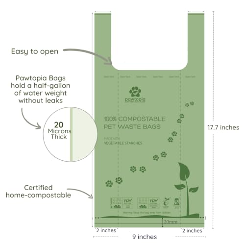 Image of Pawtopia Pet Waste Bag Duo - 120 Standard Sized-Dog Poop Bags (8 rolls) + 100 Extra Large Cat Litter Bag with Handles (1 single roll), Vegetable Starches, Tuv Austria, Leak-Proof, Yard Pickup