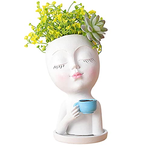 Jomewory Maceta Cara, Maceta para Beber café, Maceta Flores Resina con Ojos Cerrados y Orificio Drenaje para Chimenea Planta