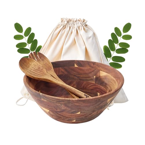Wooden Salad Bowls with Serving Utensils, Large 12.5' Acacia Wooden Bowls for Food, Perfect as Fruit...