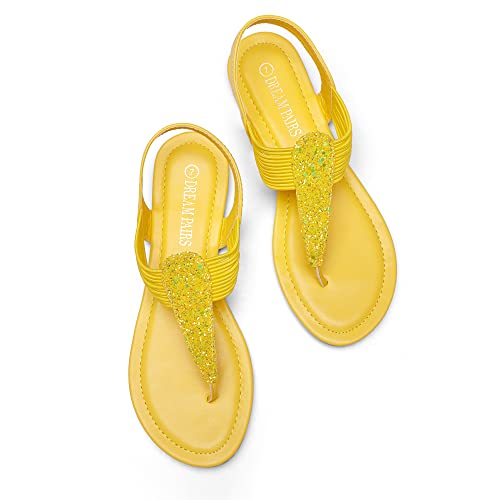 Dream Pairs Spparkly Womens Elastic Strappy String Thong Ankle Strap Summer Gladiator Sandal Yellow/Glitter - 10 #TOP2