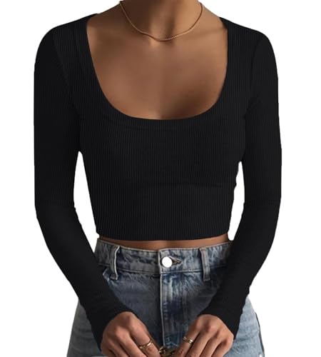 DUOEASE Top Mujer Acanalado Elegant Camiseta Manga Larga Mujer Cuello u Sólido Crop Top Otoño Negro-S