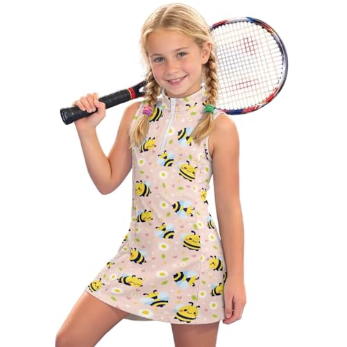 NDISTIN Girls Golf Dress with Pockets, Kids Sleeveless Half Zip Tennis Dress, Cartoon Bee Golf Outfit for Girls, Youth Athletic Dresses for All Sports 14-15 Years