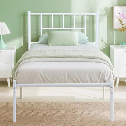 VECELO Twin Metal Platform Bed Frame with Headboard, Heavy Duty Steel Slat Support, Under Bed Storage,No Box Spring Needed, Easy Assembly