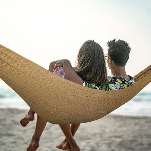 Image of Lazy Daze Hammocks Handwoven XL Mayan Hammock, 10.5 FT Soft Rope Double Hammocks, Portable Outdoor Hammock with Carry Bag, 2 Straps & Carabiners for Patio Outside, 550 lbs Weight Capacity, Tan