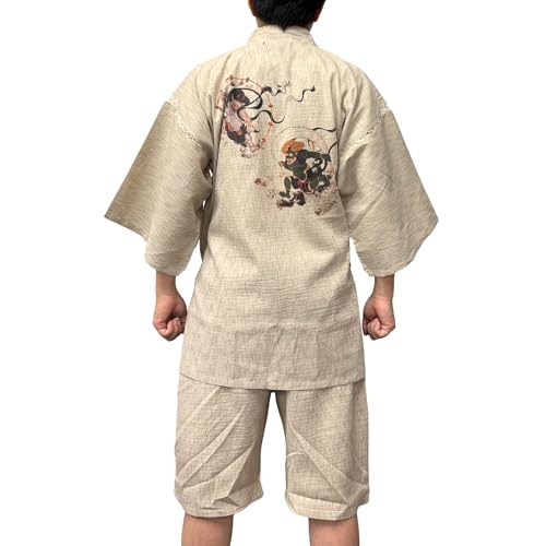 [江戸てん] 甚平 メンズ しじら織り 綿100％ 勇神図モチーフ 【乾坤威神図】 涼しい 夏 捺染プリントオリジナル柄 メンズ 風神雷神カラー ベージュ L