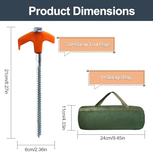20Pcs Schraubheringe, Zelt-Heringe, aus Stahl Camping Zeltheringe Set, Heringe Erdnägel Stabil Zelt Erdanker mit Nagelzieherfür and Tasche… – Ansicht 2