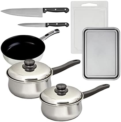 UNIKITOUT | 40+ Items Kitchen Essentials Set, Silver | Utensil Set, Non-Stick Cookware, Dinner Tableware Kit, Glove & Linen, Food Containers | Includes Frying Pan, Pots, Knife, Cutlery, Spatula