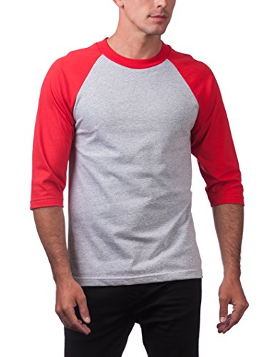 Camiseta de Béisbol para Hombre Pro Club de Manga 3/4 con Cuello Redondo, Gris Jaspeado/Rojo, Talla M miniatura 5