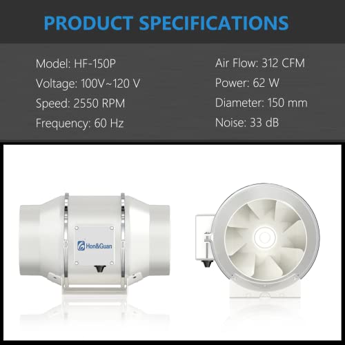 Hon&Guan 6 Inch Inline Duct Fan 312 Cfm, Ventilation Booster Fan For Home/Bathroom/Grow Tent/Kitchen, Hvac Exhaust Vent Blower, Low Noise. #TOP1