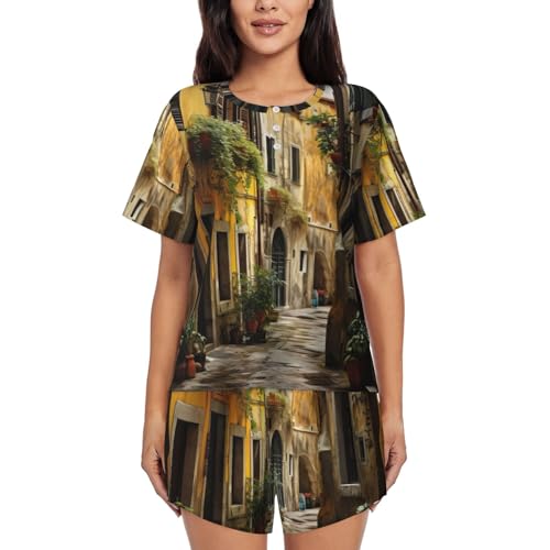 Ensemble court deux pièces imprimé italien vintage avec haut col rond et short doux pour femme
