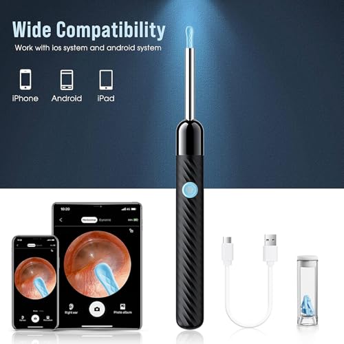 ear wax removal - earwax remover tool with 8 pcs ear set - ear canal cleaner with 1080p camera - fsa hsa eligible - ear cleaning kit with 6 ear spoon - ear camera for ios amp android black