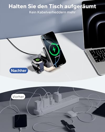 KPON Ladestation Apple Watch und Iphone für Magsafe, 3-in-1 Cube Induktive Ladestation mit Magsafe Ladegerät, Kompatibel mit iPhone 17 16 15 14 13 12 Air/Pro Max,für Apple Watch 11/10/9,Airpods (Grau)