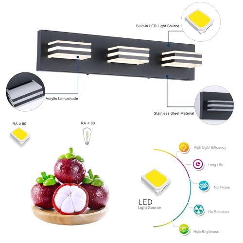 Image of Black Vanity Lights for Bathroom Light Fixtures (3-Light, 20-Inch) Adjust 3 Colors Modern Bath Lighing Fixture Over Mirror LED Vanity Lighting