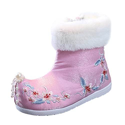 Girl Boots Toddler Gilrs Rubber Sole Warm Winter Snow Boots Embroidery Print Cloth Boots (Pink, 11-11.5 Years Big Kids)