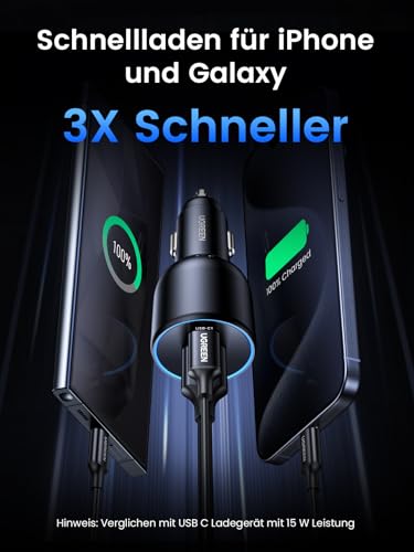 UGREEN 130W Zigarettenanzünder Schnellladen USB C 100W & 30W PD/QC Auto Ladegerät 3-Port 12V-24V KfZ Zubehör für MacBook Pro, iPhone 17/17Pro/17Pro Max/17 Air/16-12, iPad, Galaxy S25/S24