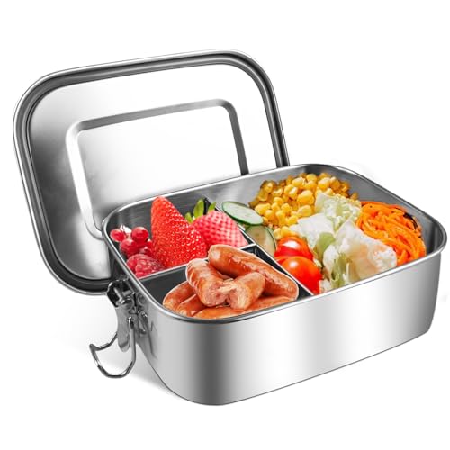 HOSPAOP Edelstahl Brotdose mit Fächern, 1000ml Lunchbox Metall Vesperdose Auslaufsicher mit 3 Fächeâ€¦ – Miniatur