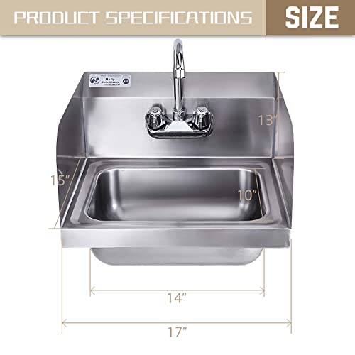Hally Stainless Steel Sink For Washing With Faucet And Side Splash, Nsf Commercial Wall Mount Hand Basin For Restaurant, Kitchen And Home, 17 X 15 Inches #TOP2