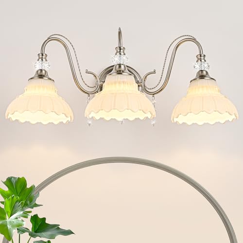 Image of Brushed Nickel Bathroom Vanity Light, 3-Light Nickel Finish Wall Sconce with Hanging Crystal Accents and Flower-Shaped White Glass Shades, Modern Wall Mount Vanity Light Over Mirror for Bathroom