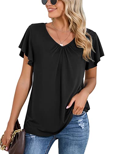 Iandroiy Women's Casual Shirred V-Neck Top Ruffle Short Sleeve Shirts Basic Pleated Top
