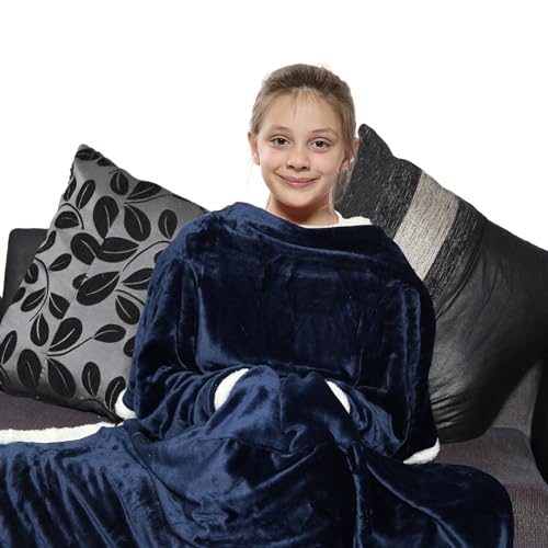 A2Z Unisex Girls Boys Wearable Double Layer Blanket With Sleeves Super Soft - TV DL Blkt Navy Kids
