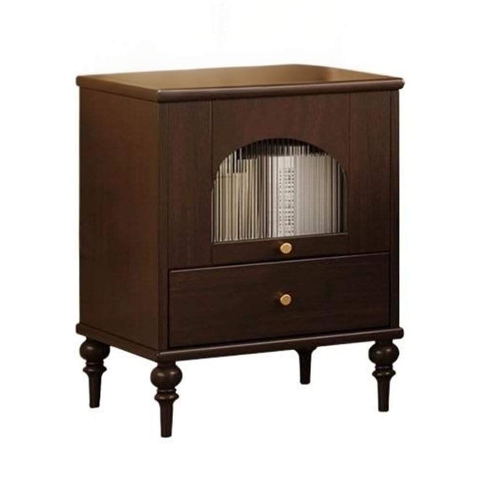 Table de chevet vintage bois avec porte verre tiroir de nuit rangement marron
