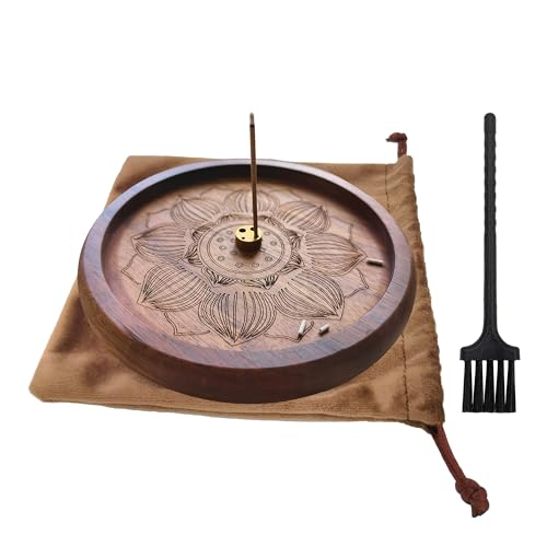 VntMQP Quemador de Incienso de Loto de Madera portátil con Bolsa de Quemador de Incienso y Cepillo de Limpieza Hecho a Mano para decoración del hogar, meditación y Yoga (Color Nogal)
