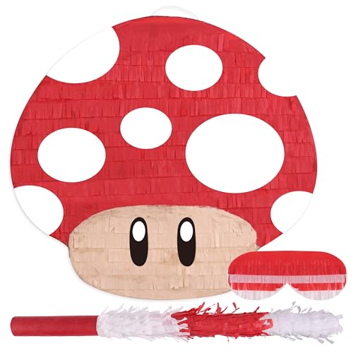 Birchio Mushroom Pinatas Bundle with a Blindfold and a Bat(16.5 x 12 x 3.5 Inches) Perfect for kids Birthday Parties Mexican Theme Parties Decorations