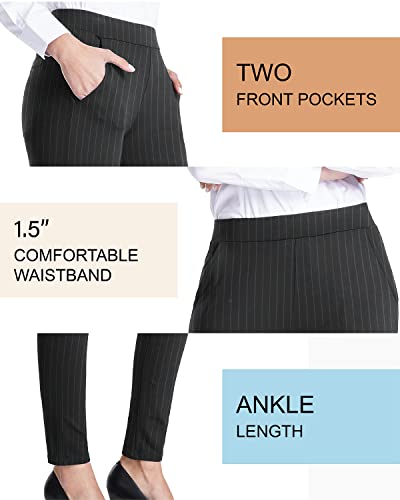 Bamans Women's Skinny Leg Work Pull On Slim Stretch Yoga Dress Pants W/Tummy Control (Black Grey Striped,Large,Petite) #TOP2