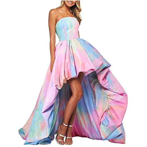 Oplxuo Womens High Low Prom Dresses Strapless Sleeveless Gradient Tie Dye Multicolor Tube Maxi Dress Formal Evening Ball Gown