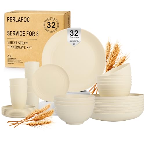 Image of Wheat Straw Dinnerware Sets for 8, 32 PCS Unbreakable Plates and Bowls Sets, Kitchen Dish Set - Dinner Plate /Dessert Plate /Cereal Bowl /Cup, for Outdoor Camping RV Apartment Essentials - Beige