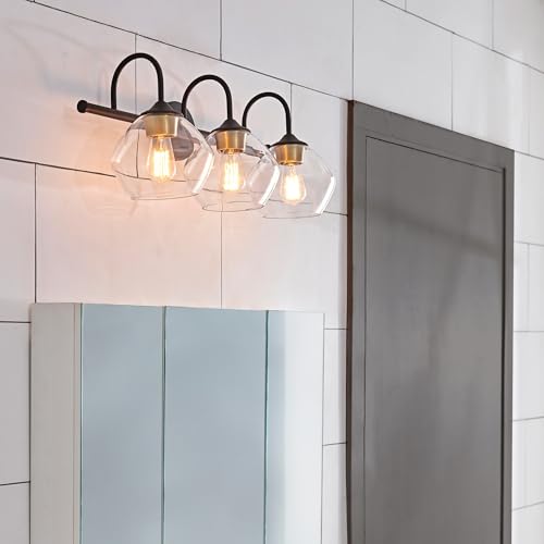 Globe Electric 51853 3-Light Vanity Light, Dark Bronze, Antique Brass Accents, Clear Glass Shade, Beauty Room Accessories, Bathroom Lights Over Mirror, Makeup Mirror Lights, Home Improvement by Globe Electric - Image 2