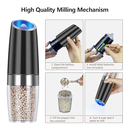 EasyCom Gravity Electric Salt and Pepper Grinder Set, Battery Powered with LED Light, Adjustable Coarseness, One Hand Automatic Pepper Mill Grinder for Kitchen and BBQ, 2 Pack, Black - Thumbnail 6
