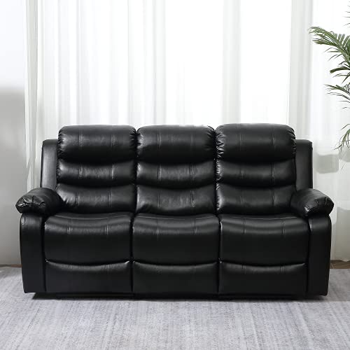Mellcom Pu Leather Reclining Sofa, Upholstered Sofa Recliner Chair, Manual Reclining Home Theater Seating, Arm Chair For Living Room Reading Room Bedroom, Black, Three Seat #TOP7