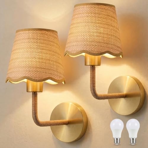 SERBASIC Rattan Wall Light for Living Room Bedroom Set of 2 with E27 Led Bulb,Rustic Rattan Wall Lamp,Handmade Farmhouse Lampshade Wall Sconce for Kitchen Island Dining Room Bedroom Hall