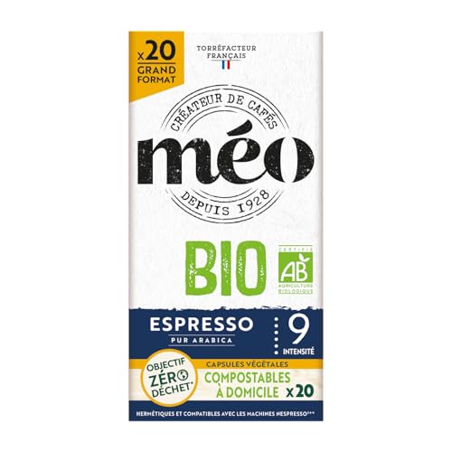 Cafés Méo Capsule Bio Espresso - Pack de 100 Capsules (5x20) - Compatible avec Nespresso