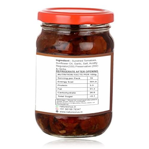 Image of NatureOnus Sun Dried Tomato in Oil 240g | Tomatoes | Hygienically Solar Dried | Anti-oxidant Rich | Use in Dips, Marinades, Salads, Pasta, Veggies, Dals, Curries, Pulav, Soups, Stews, Burgers (Sundried Tomatoes in Oil)