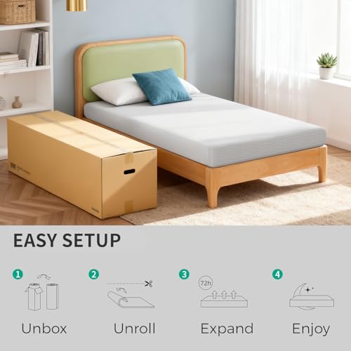 Image of FDW 5 Inch Twin Mattress, Medium Firm Gel Memory Foam, Cooling Ventilated Foam, Pressure Relief, White, Removable Washable Cover, Bed in a Box, CertiPUR‑US Certified